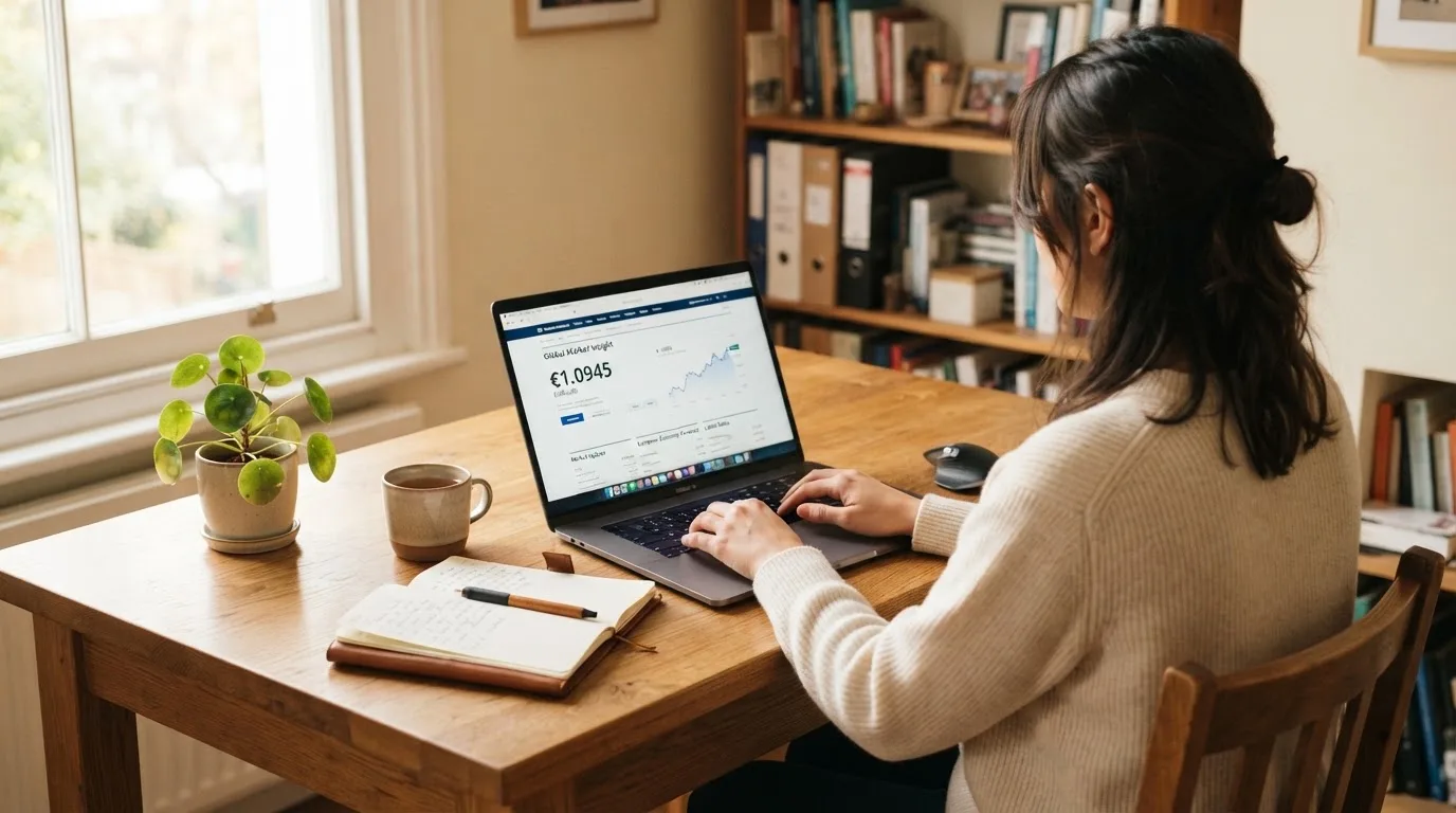 Een persoon bekijkt rustig informatie op een laptop aan een houten bureau bij daglicht.