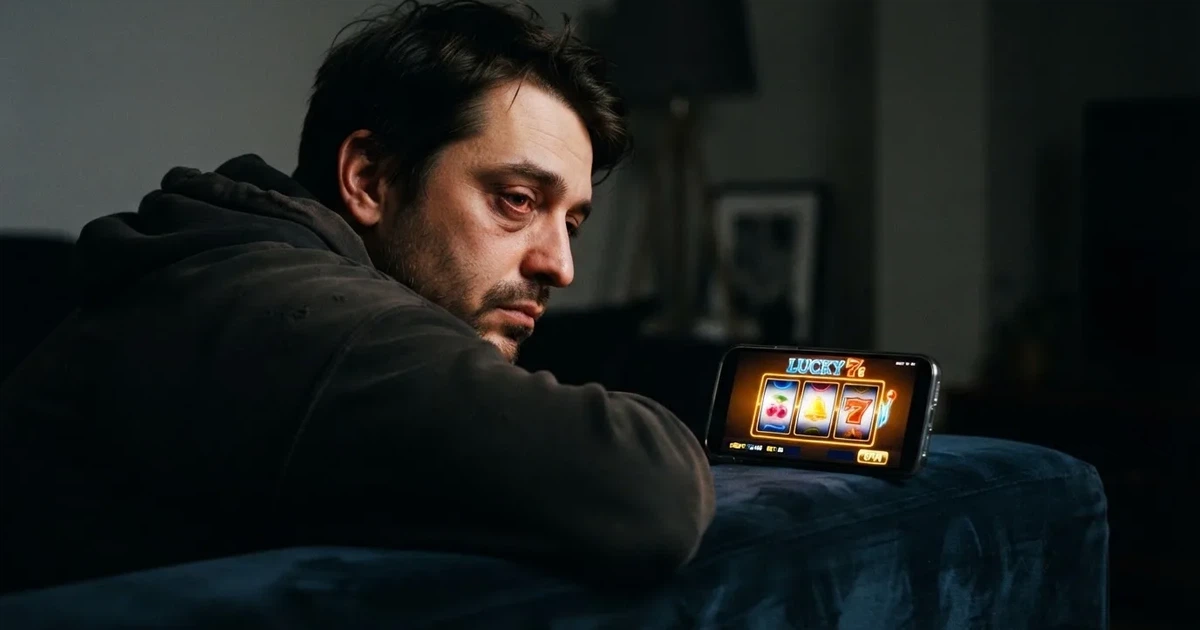 Een persoon zit alleen laat op de avond met een vermoeide blik naar een lichtgevend scherm te kijken.