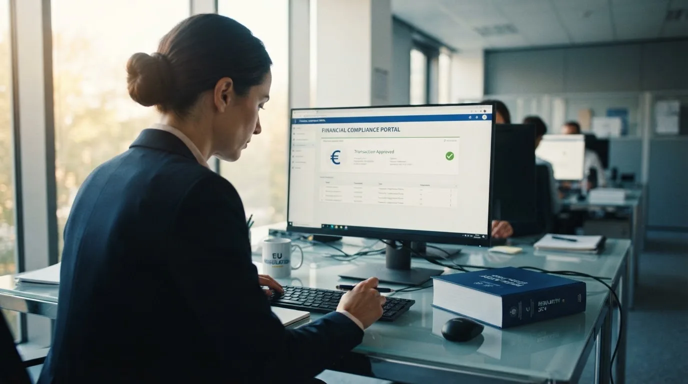 Een medewerker van een toezichthoudende instantie werkt achter een bureau met een computerscherm in een kantoor.