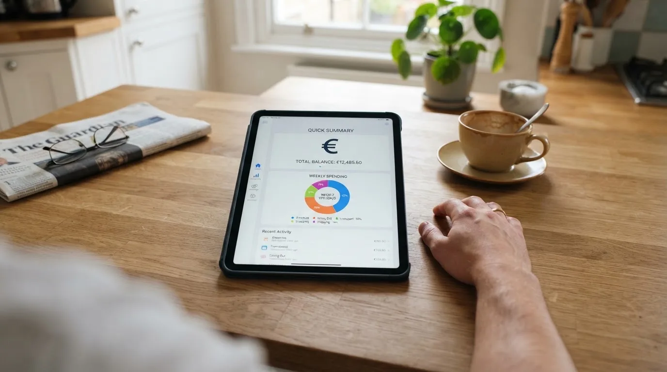 Een persoon bladert rustig door informatie op een tablet aan een keukentafel.