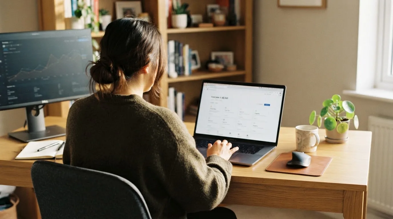 Een persoon vergelijkt meerdere opties op een laptop aan een bureau in een thuiskantoor.