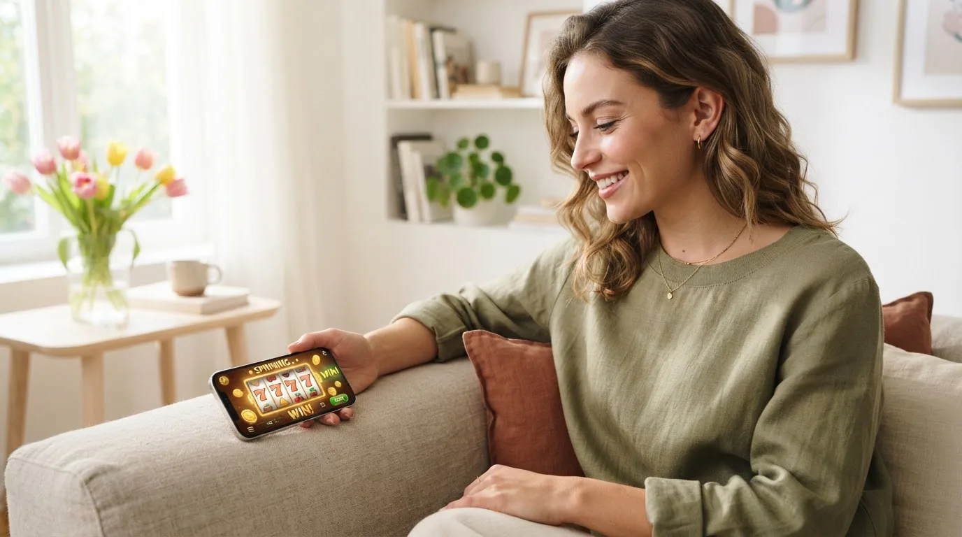 Een jonge vrouw glimlacht terwijl ze een smartphone bekijkt op een bank in een lichte woonkamer.
