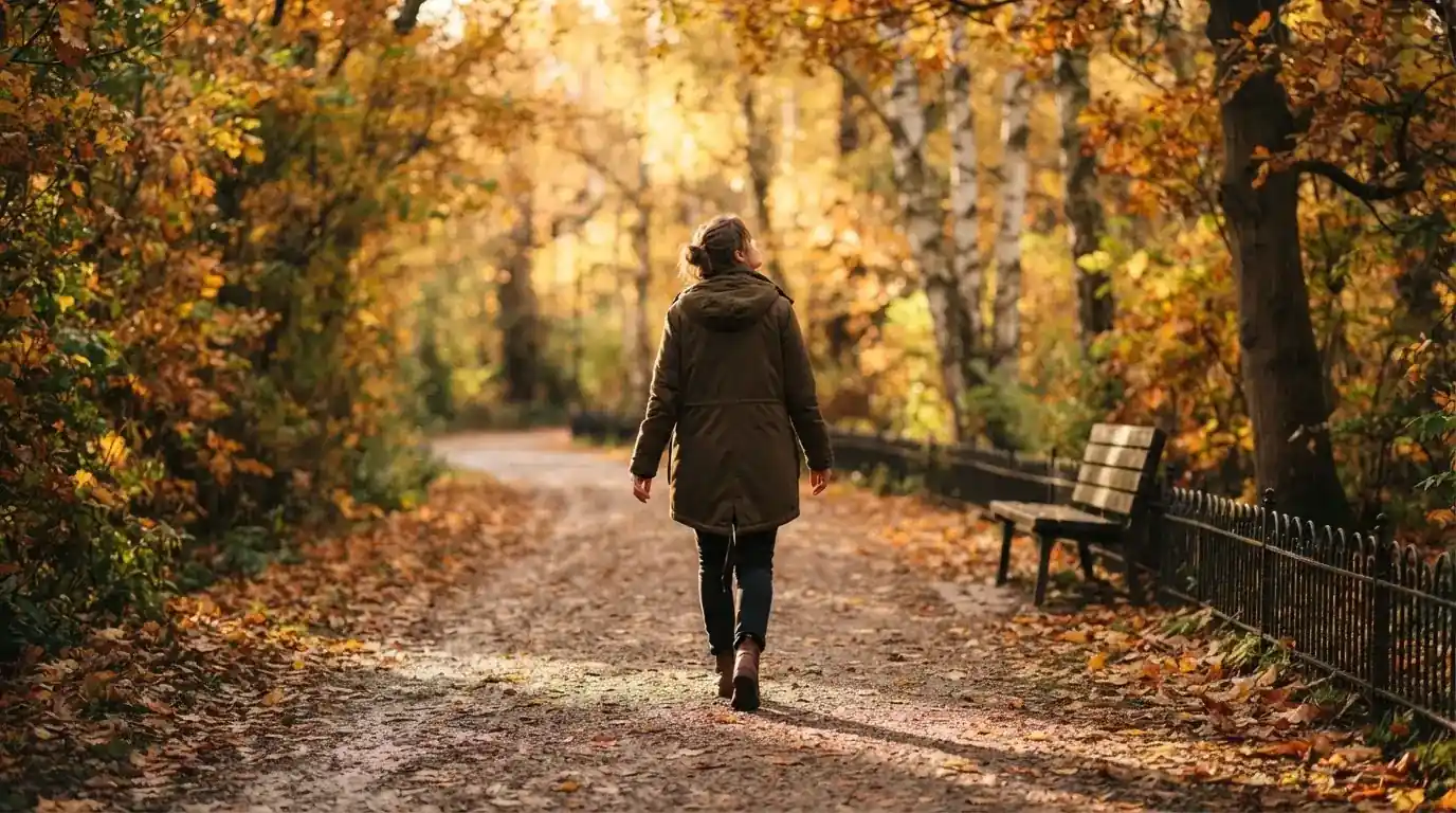 Een persoon ademt rustig uit terwijl ze buiten wandelt in een park tijdens de herfst.